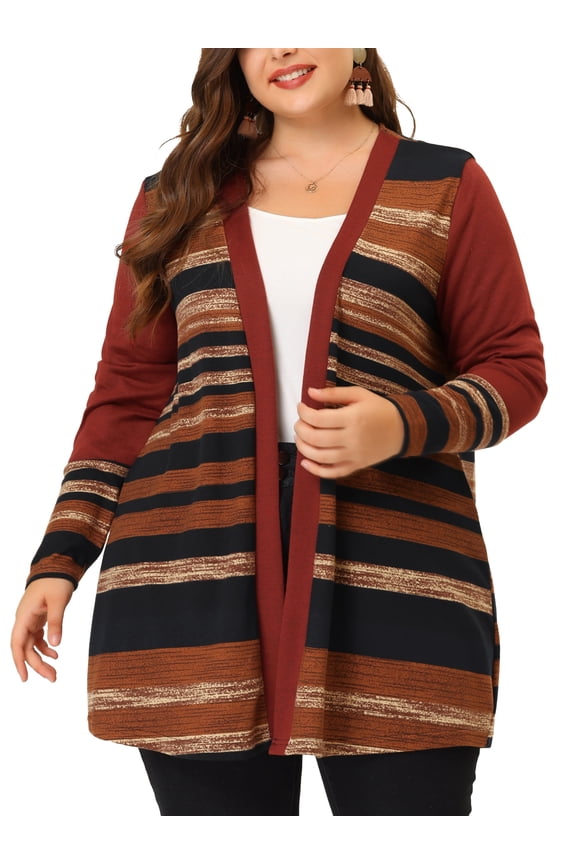 Juniors Plus Size Long Sleeves Open Front Striped Long Cardigan Red 1X