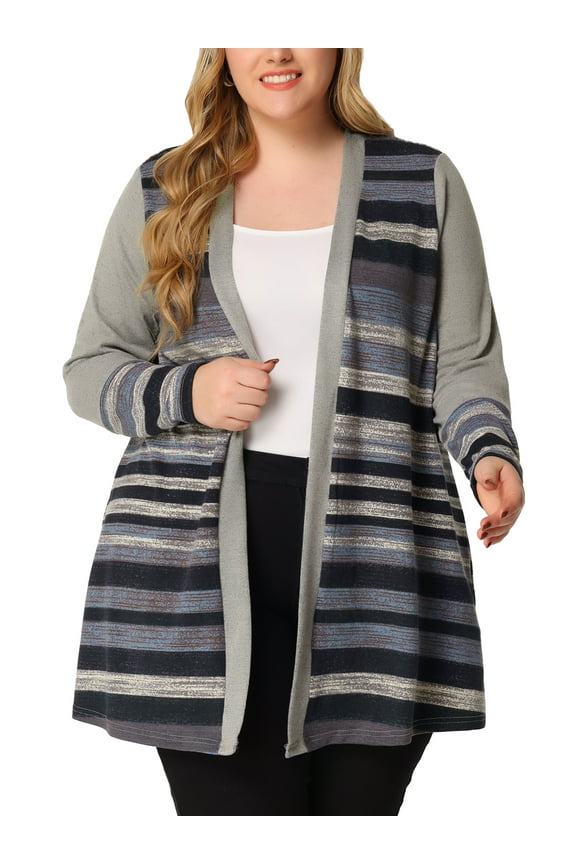 Juniors Plus Size Long Sleeves Open Front Striped Long Cardigan