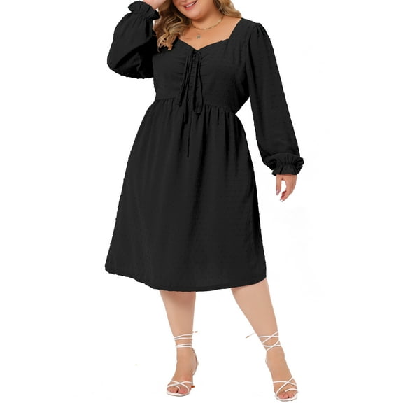 MODA NOVA Juniors Plus Size Midi Dresses for Long Sleeve V Neck Bow Tie Ruffle Babydoll Swiss Dots Boho Dress