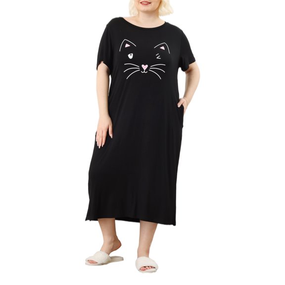 MODA NOVA Juniors' Plus Size Nightgown Cat Print with Pocket Sleep Dress Sleepwear Black 4X