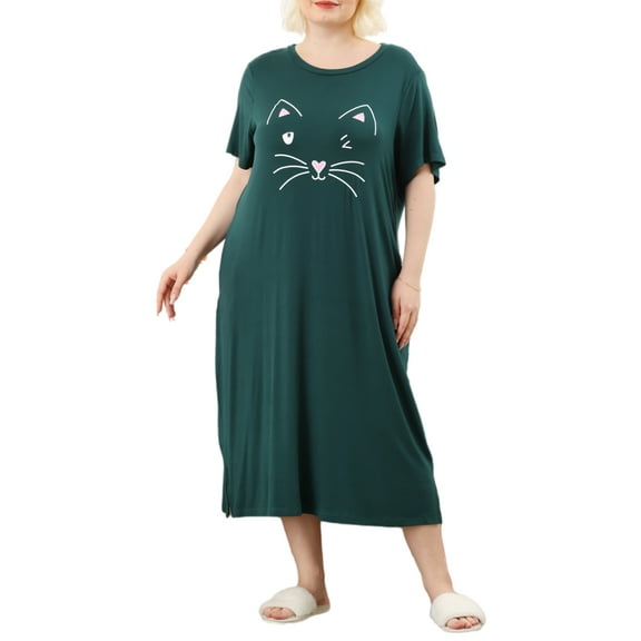 MODA NOVA Juniors' Plus Size Nightgown Cat Print with Pocket Sleep Dress Sleepwear Dark Green 4X