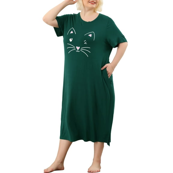 MODA NOVA Juniors' Plus Size Nightgown Cat Print with Pocket Sleep Dress Sleepwear 4X Dark Green