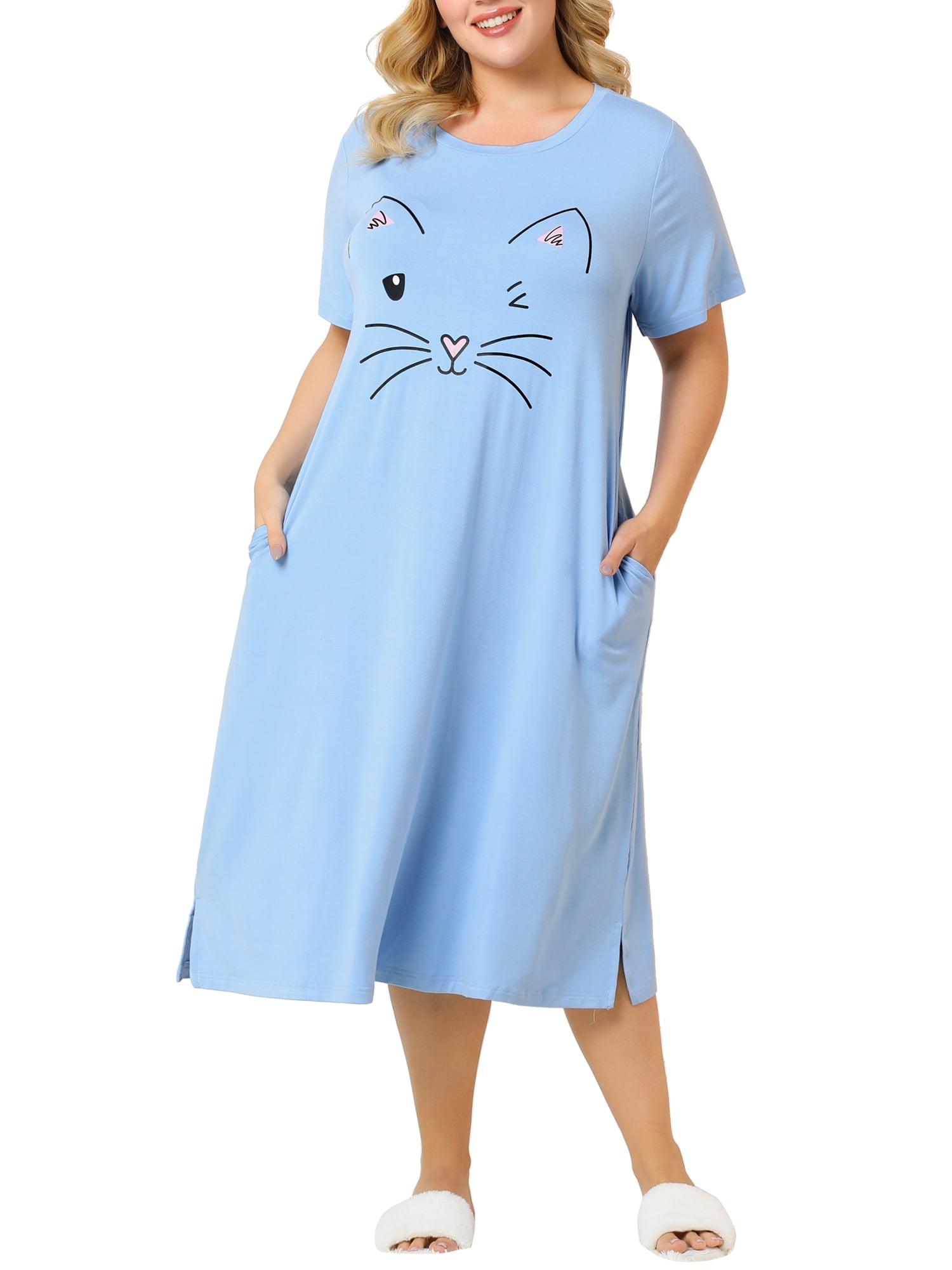 Unique Bargains Women s Plus Nightgown Short Sleeve Cat Print Nightshirt Walmart