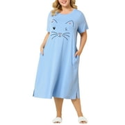 MODA NOVA Juniors' Plus Size Nightgown Cat Print with Pocket Sleep Dress Sleepwear Light Blue 1X