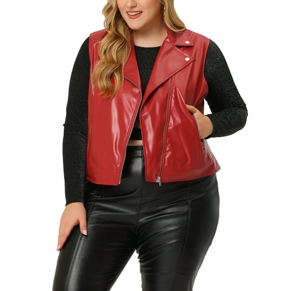 MODA NOVA Juniors Plus Size Notch Lapel Sleeveless Zip PU Cropped Jacket 2X Red