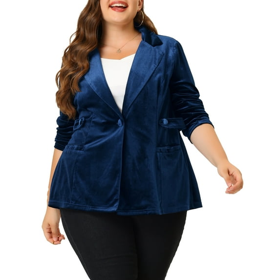 MODA NOVA Juniors Plus Size Notched Lapel Button Peplum Velvet Blazer Navy Blue 3X
