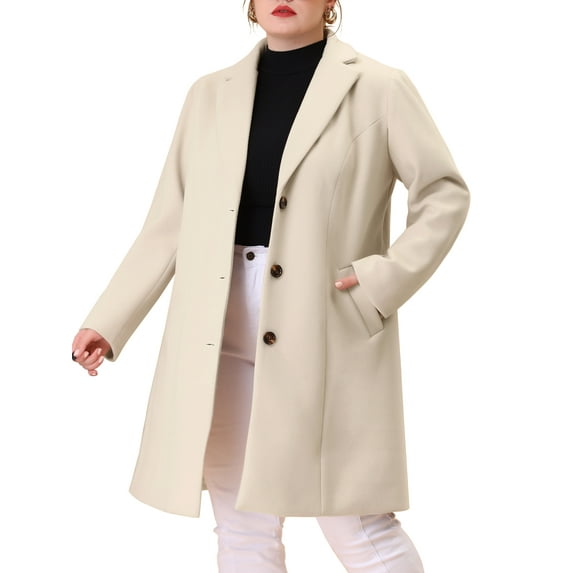 Agnes Orinda Women's Plus Size Coat Notched Lapel Single Breasted Long Winter Outerwear Coats with Pockets 1X Cream White