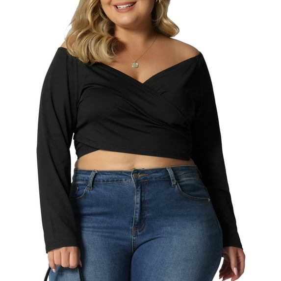 MODA NOVA Juniors Plus Size Off Shoulder Crop Cross Wrap Fashion Blouse