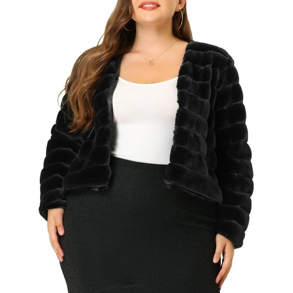 MODA NOVA Juniors Plus Size Open Front Plush Faux Fur Cropped Jacket Black 1X