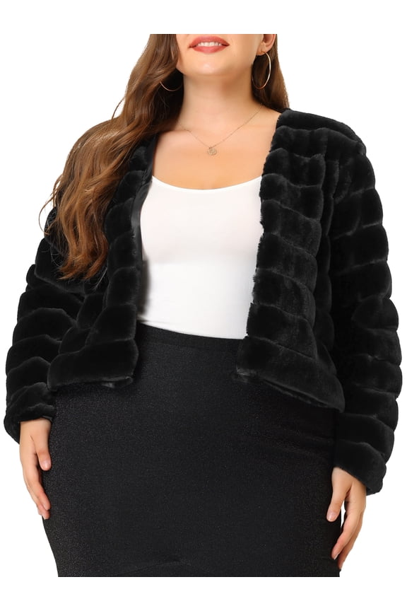 Juniors Plus Size Open Front Plush Faux Fur Cropped Jacket Black 4X