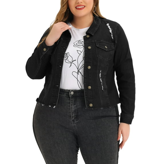 MODA NOVA Juniors Plus Size Outfits Classic Washed Front Frayed Denim Jacket