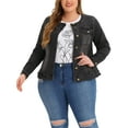 thumbnail image 1 of MODA NOVA Juniors Plus Size Outfits Jean Long Sleeves Collarless Denim Jacket, 1 of 7