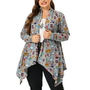 MODA NOVA Juniors Plus Size Owl Printed Open Front Loose Cover Up Cardigan Gray 1X