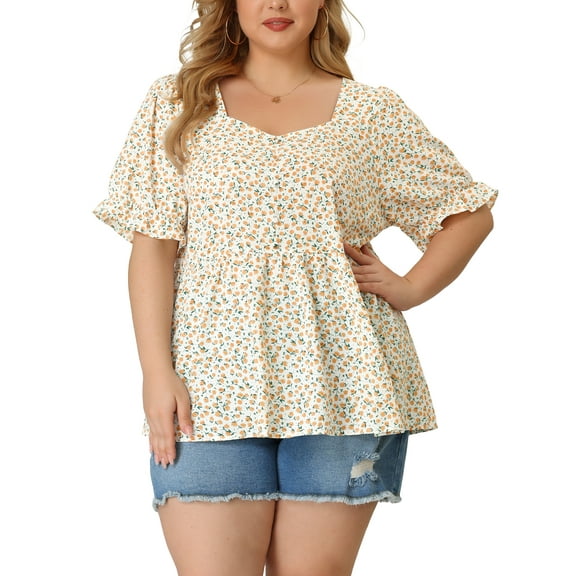 MODA NOVA Juniors' Plus Size Peplum Tops Short Sleeve Sweetheart Neck Blouses Tops White 4X