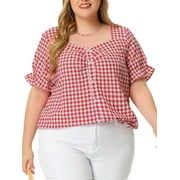 MODA NOVA Juniors Plus Size Plaid 1950s Sweetheart Neck Flounce Sleeve Blouse Red 1X