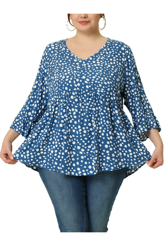 Juniors Plus Size Polka Dots 3/4 Sleeve Babydoll Peplum Blouse