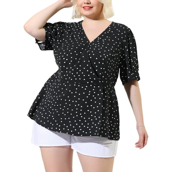 MODA NOVA Juniors Plus Size Polka Dots Blouse V Neck Short Sleeve Peplum Top Black 3X
