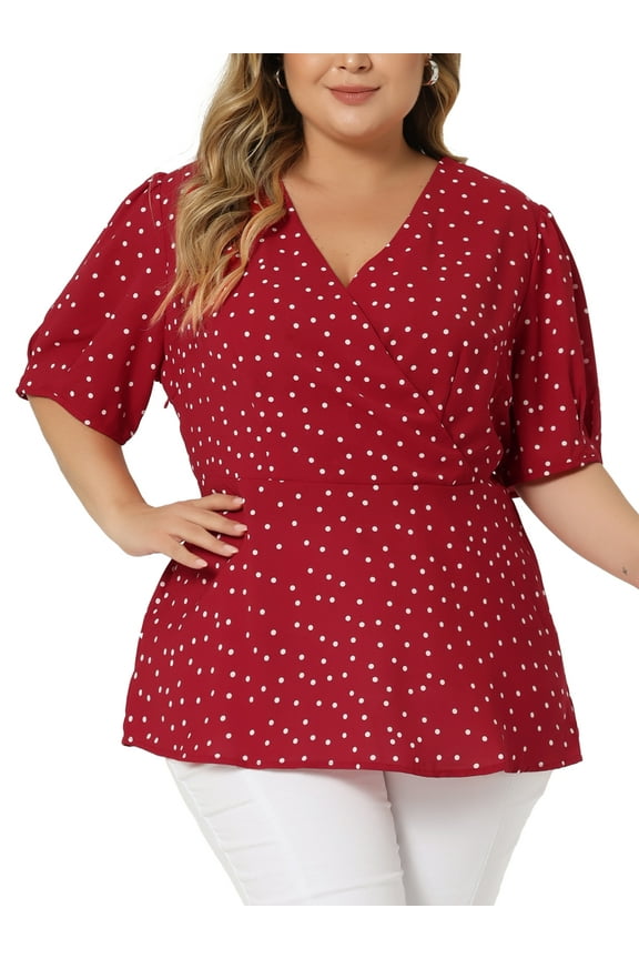Juniors Plus Size Polka Dots Blouse V Neck Short Sleeve Peplum Top Red 3X