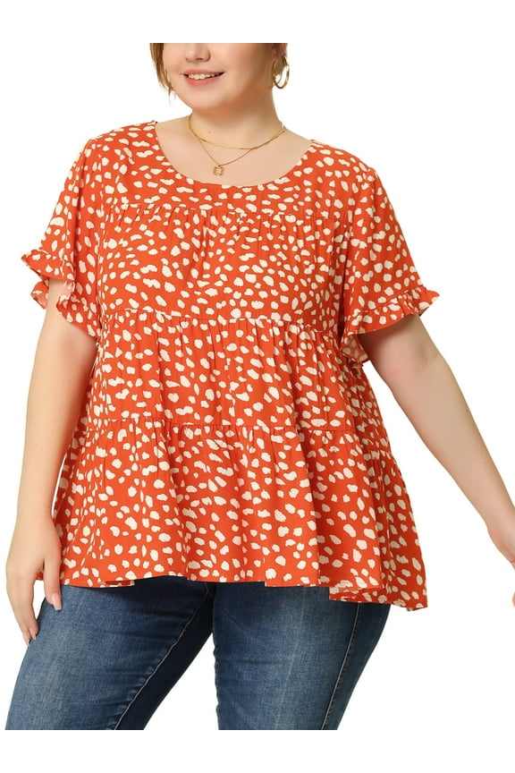 Juniors Plus Size Polka Dots Round Neck Ruffle Sleeve Peplum Blouse Orange 1X