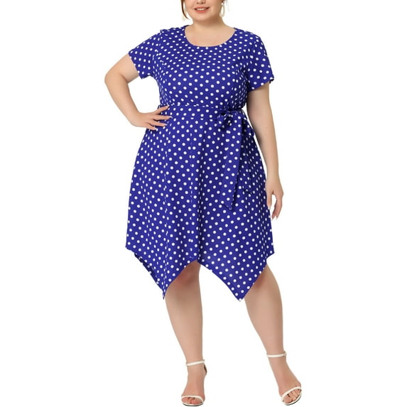 MODA NOVA Juniors Plus Size Polka Dots Short Sleeve Tie Waist Flare Midi Dress