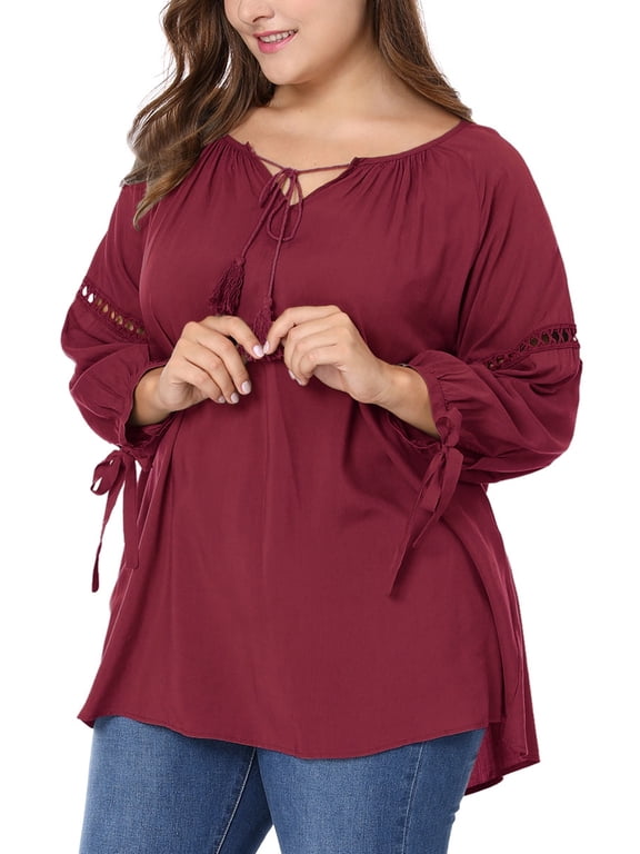 Juniors' Plus Size Raglan Sleeves Tie Neck Tunic Top Burgundy 2X