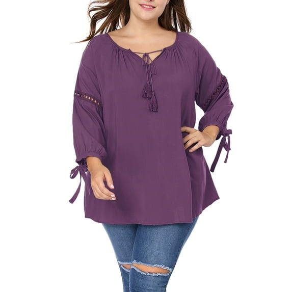 MODA NOVA Juniors' Plus Size Raglan Sleeves Tie Neck Tunic Top Purple 2X