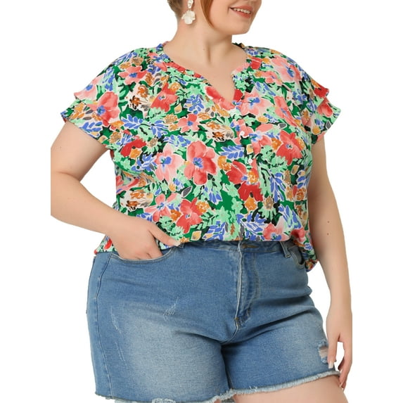 MODA NOVA Juniors Plus Size Retro Floral V Neck Tiered Short Sleeve Blouse Green 4X