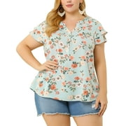 MODA NOVA Juniors Plus Size Retro Floral V Neck Tiered Short Sleeve Blouse Light Blue 1X