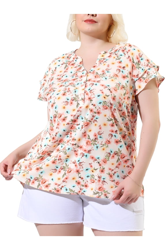 Juniors Plus Size Retro Floral V Neck Tiered Short Sleeve Blouse Pink 3X