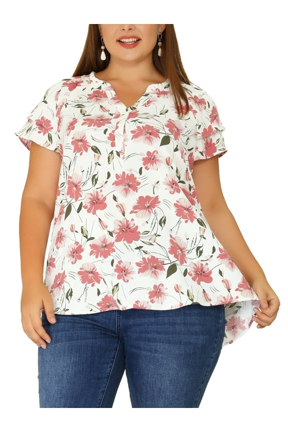 Juniors Plus Size Retro Floral V Neck Tiered Short Sleeve Blouse Pink White 3X