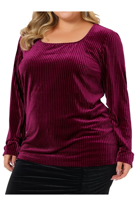 Juniors Plus Size Ribbed Velvet Textured Elegant Long Sleeve Blouse Burgundy 4X
