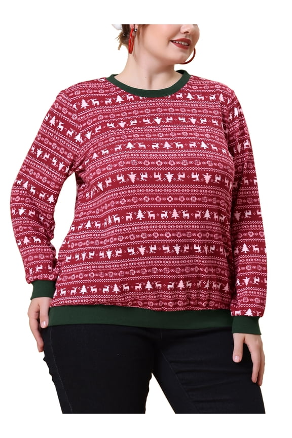 Juniors Plus Size Round Neck Long Sleeve Xmas Pattern Knit Blouse Red 1X