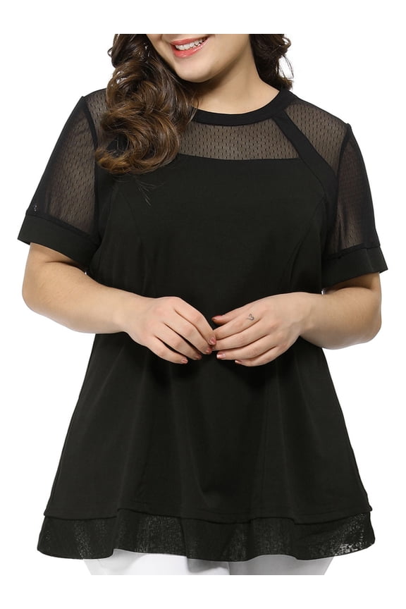 Juniors' Plus Size Round Neck Swing Peplum Mesh Lace Top