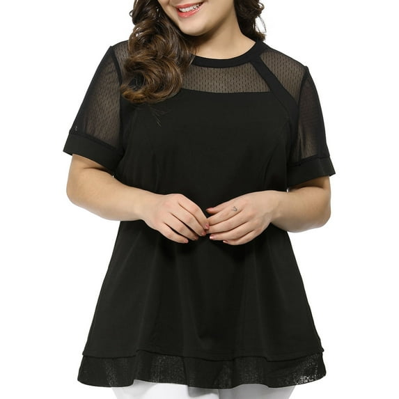 MODA NOVA Juniors' Plus Size Round Neck Swing Peplum Mesh Lace Top