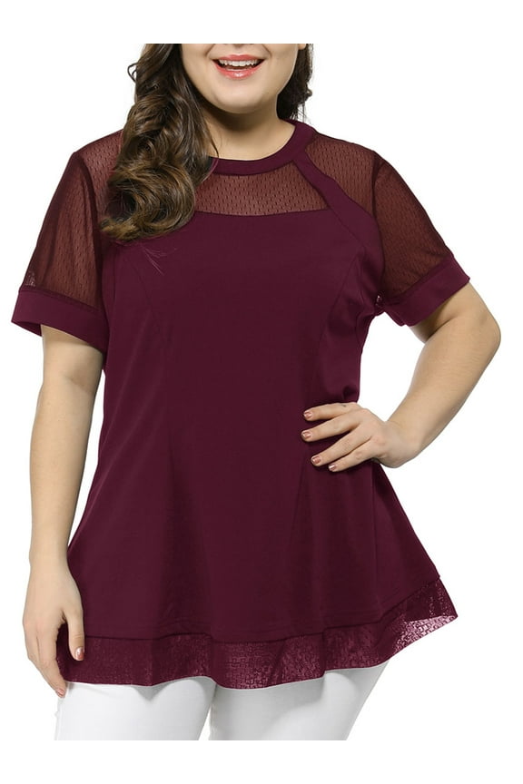 Juniors' Plus Size Round Neck Swing Peplum Mesh Lace Top