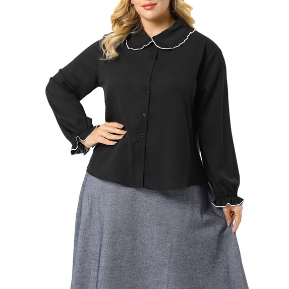 MODA NOVA Juniors' Plus Size Ruffle Peter Pan Long Sleeves Button up Shirt Black 4X