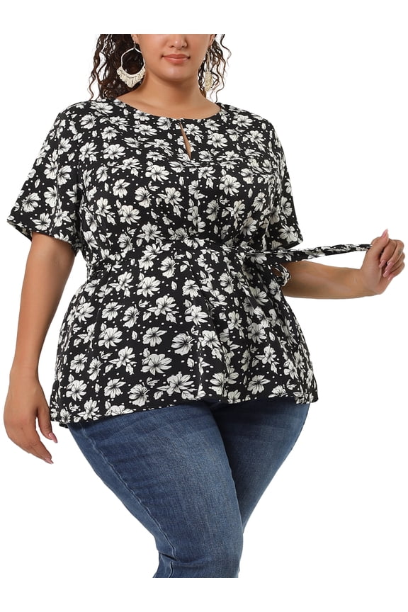 Juniors Plus Size Ruffle Short Sleeve Chiffon Floral Tops Black 2X