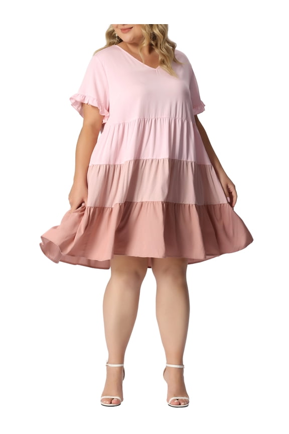 Juniors Plus Size Ruffle Short Sleeve Flowy Swing Hem Chambray Midi Dress 4X Pink