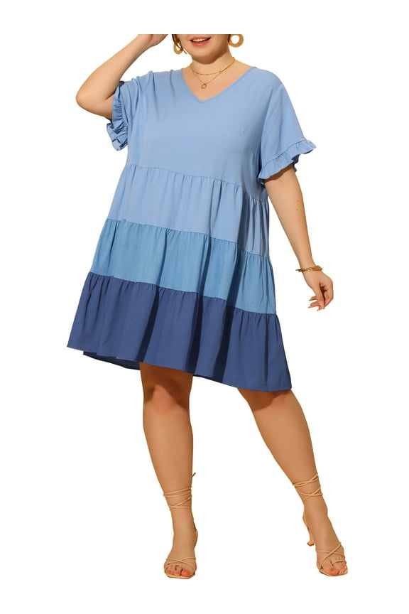 Juniors Plus Size Ruffle Short Sleeve Flowy Swing Hem Chambray Midi Dress 1X Blue