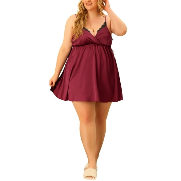 Agnes Orinda Women's Plus Size Valentines Day Satin Camisole Deep V Neck Side Slit Lace Sleepshirts 4X Burgundy