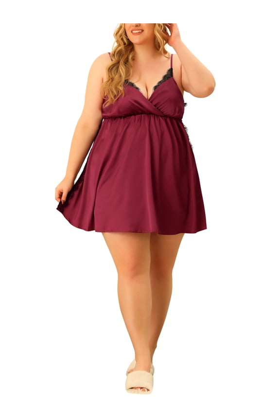 Women's Plus Size Satin Camisole Deep V Neck Side Slit Lace Sleepshirts 4X Burgundy