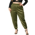 thumbnail image 1 of MODA NOVA Juniors Plus Size Satin Elastic Waist Casual Joggers Cargo Pants Army Green 1X, 1 of 6