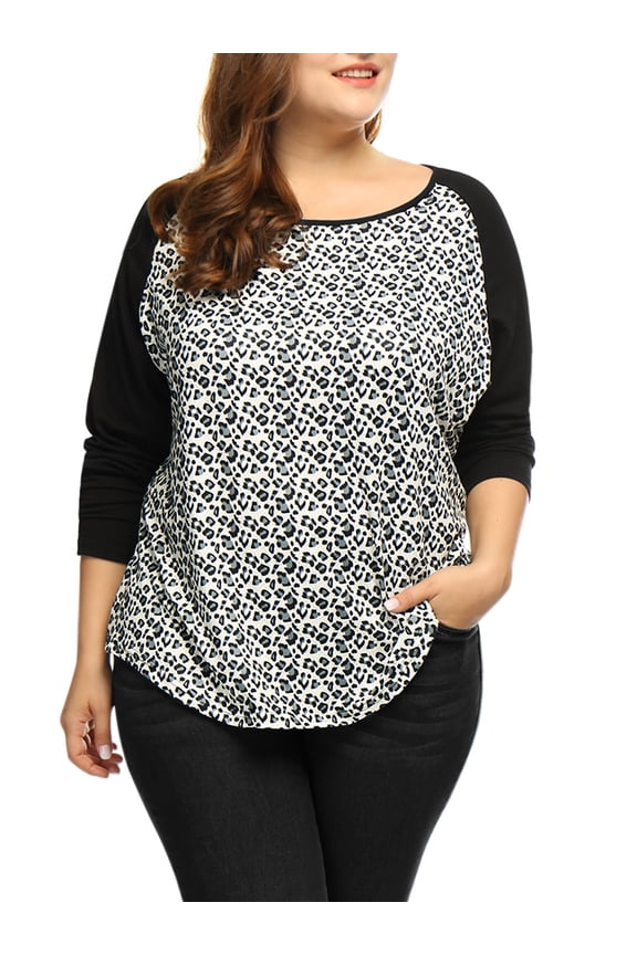 Juniors' Plus Size Scoop Neck Leopard Raglan T-Shirt 1X Black