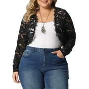 MODA NOVA Juniors Plus Size Sheer Floral Lace Shrug Open Front Crop Cardigan Black 1X