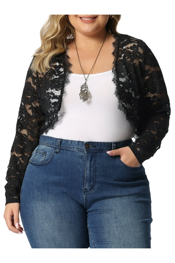 Juniors Plus Size Sheer Floral Lace Shrug Open Front Crop Cardigan Black 1X