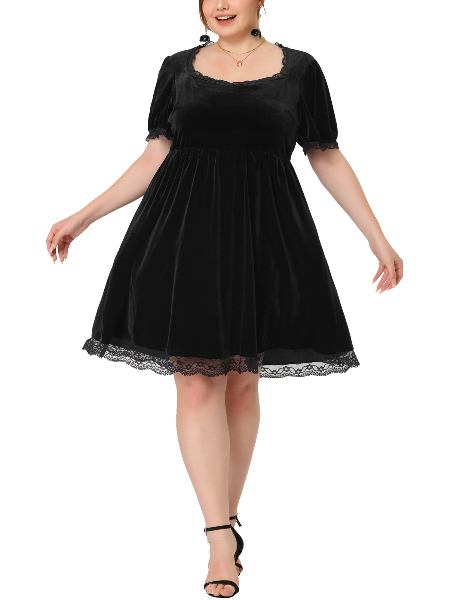 MODA NOVA Juniors Plus Size Short Sleeve Lace Trim Party Velvet Dress