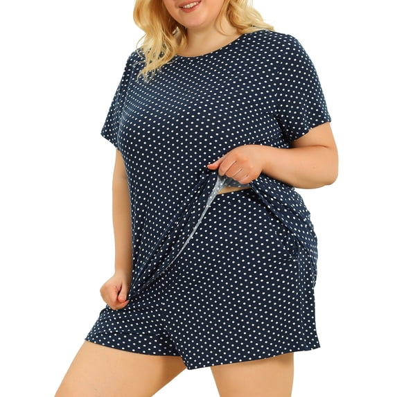 MODA NOVA Juniors' Plus Size Short Sleeve Polka Dots Nightwear Pajamas Set 2X Navy Blue