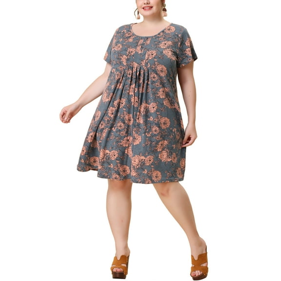 MODA NOVA Juniors Plus Size Short Sleeve Relaxed Fit Pleat Floral Midi Dress