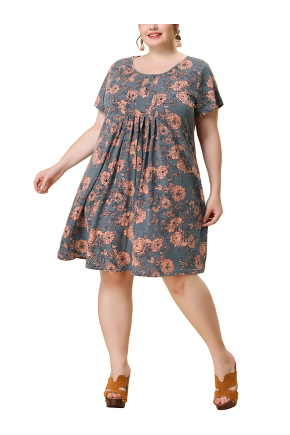 Juniors Plus Size Short Sleeve Relaxed Fit Pleat Floral Midi Dress
