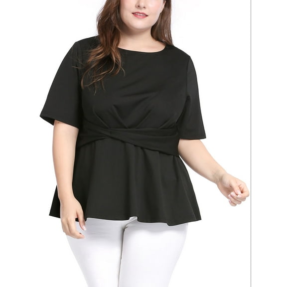 MODA NOVA Juniors' Plus Size Short Sleeves Knot Front Peplum Top Black 3X